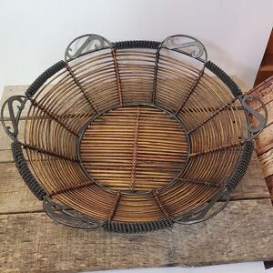 METAL & BAMBOO Large Coffee Table Display Bowl Basket Home Decor